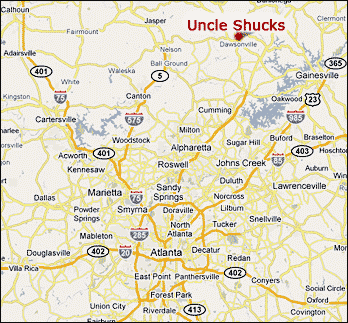 Map to Uncle Shucks Corn Maze and Pumpkin Patch in Dawsonville, GA, North East of Atlanta near Gainesville, Oakwood, Cumming and Alpharetta.
